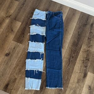Fashion Nova Two-Tone Blue Distressed Patchwork Jeans